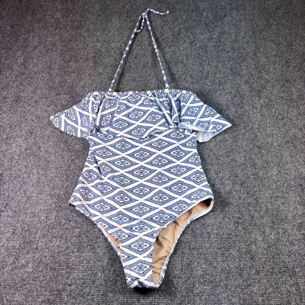 Tart Collections One Piece Swimsuit Womens Small Blue White Ruffle Halter Boho